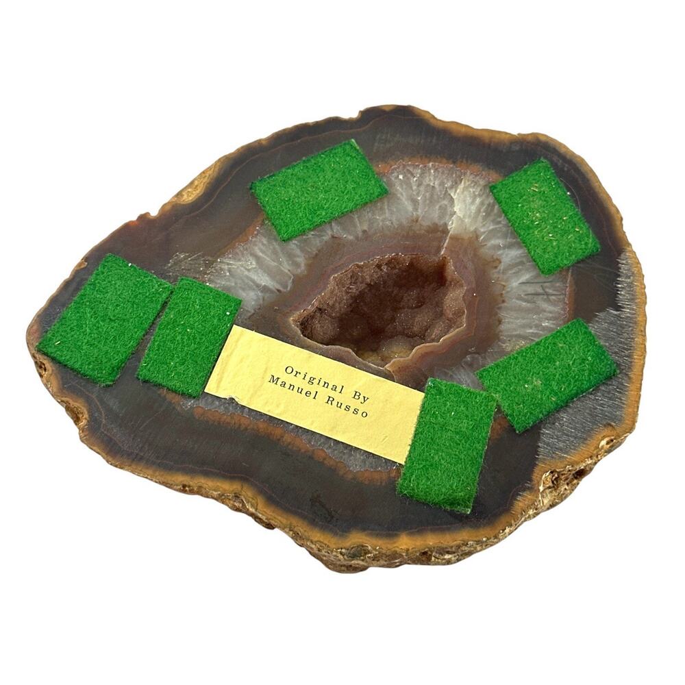 Vintage Manuel Russo Agate Slice Desk Pen Holder w/ Gold Tone Pen 5.5” - Picture 8 of 8